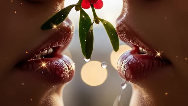 Two faces lean towards mistletoe, lips glistening in the light, background blurred