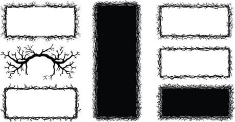 Tangled Black Tree Branch Frame Vector Set, Spooky Halloween Border Collection, Bare Dead Twig Borders and Silhouette Fills, Grunge Horror Element Graphic for Party Invitations.