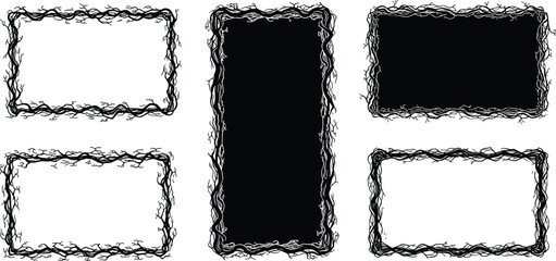 Grungy Black Tree Branch Frame Vector Set, Spooky Halloween Border Collection, Tangled Bare Twig Frames and Silhouette Fills, Horror Design Elements for Party and Event Graphics.