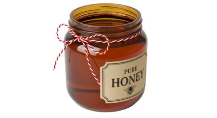 Gift - Jar of pure honey with a decorative red and white string tied around the lid, isolated on white background, perfect for food packaging or natural product displays