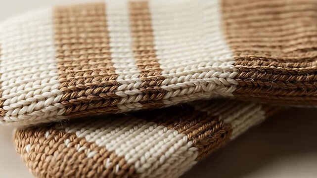 Knitted fabric with brown and beige stripes, showing texture and material detail close up