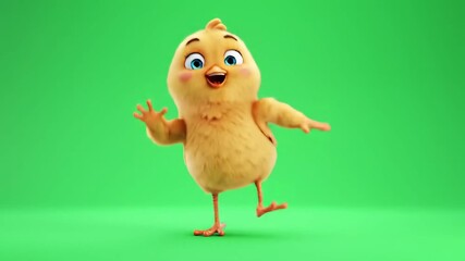 Adorable 3D animated baby chick character with fluffy yellow feathers big blue eyes and a cheerful expression waving and dancing on a vibrant green screen background perfect for childrens content and.