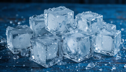 Obraz premium Ice cubes covered in water droplets on a blue wooden surface