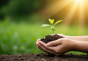 Hands holding a young plant seedling with soil, bathed in warm sunlight, symbolizing growth, new beginnings, and environmental care