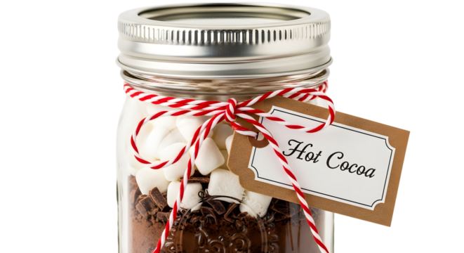 Gift - Mason jar filled with hot cocoa mix and marshmallows tied with red and white string, perfect for winter gifts or holiday treats