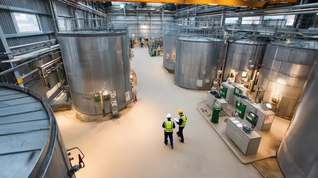 Medium shot inside an anaerobic digestion facility showing biogas tanks and workers monitoring control panels.