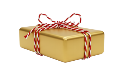 Gift - Golden gift box with red and white striped ribbon isolated on black background, perfect for holiday presents and special occasions