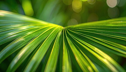 Close up of a vibrant green palm leaf with yellow veins catching sunlight with water droplets scattered across its surface and a soft bokeh background of lush foliage