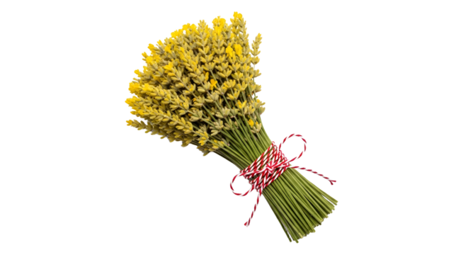 Gift - Bundle of yellow wheat tied with red and white string against white background, perfect for rustic and autumn decoration