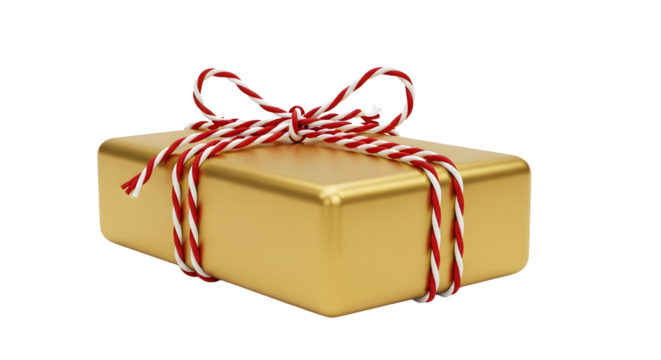 Gift - Golden gift box with red and white striped ribbon isolated on black background, perfect for holiday presents and special occasions