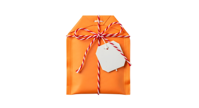 Gift - Orange gift wrapped with red and white striped string and blank tag on white background, perfect for birthdays or holidays