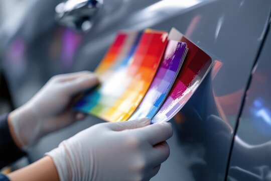 Gloved Hands Matching Bright Paint Samples to Vehicle Panel.