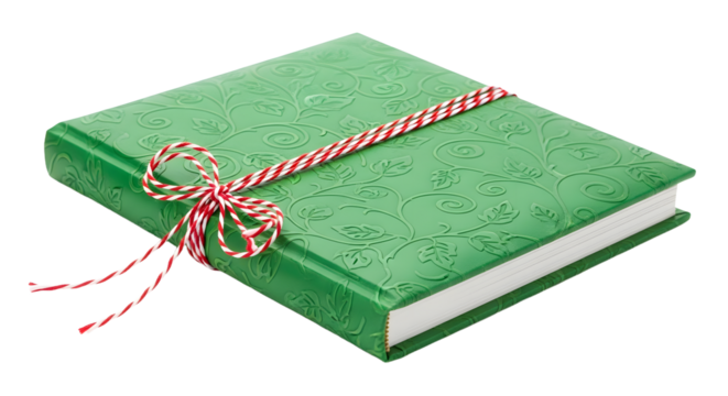 Gift - Green embossed book tied with red and white striped ribbon bow, isolated on white background, perfect for gift concepts