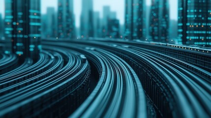 A futuristic cityscape featuring winding tracks amidst towering buildings, highlighting an advanced urban environment with a blend of technology and architecture.