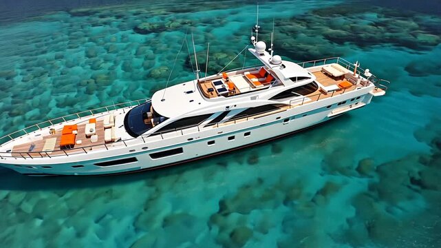 Luxury White Yacht With Orange Cushions Anchored in Crystal Clear Turquoise Water boat vessel Ultra Realistic Cinematic Stock Footage  4K UHD Professional Royalty Free Video