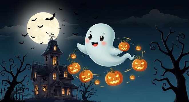 A spooky Halloween scene with a haunted house, ghosts, bats, and pumpkins. - Powered by Adobe