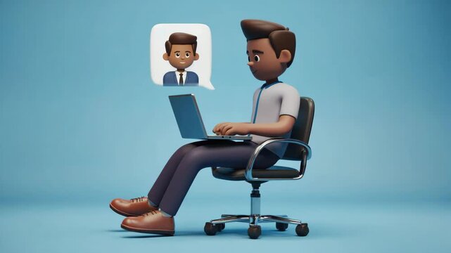 3D Character in a Video Conference Call on Laptop. Modern cartoon-style man working remotely, in an online meeting, or virtual communication. Business technology concept.