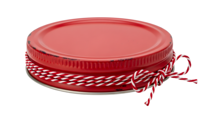 Gift - Red lid for glass jar with red and white string tied in a bow, isolated on white background, perfect for kitchen storage or gift packaging