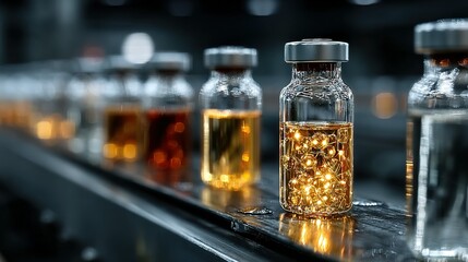 Glass bottles filled with liquid on a conveyor belt in a factory setting.
