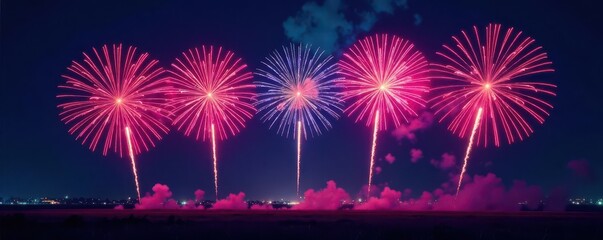 Five fireworks burst in vibrant colors against a dark night sky , magic, dazzling