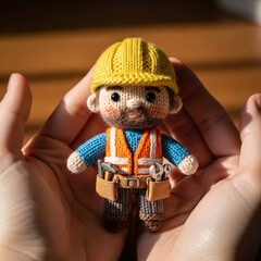 Naklejka premium Handheld amigurumi construction worker doll in safety vest and hard hat, cute crochet toy craftsmanship.
