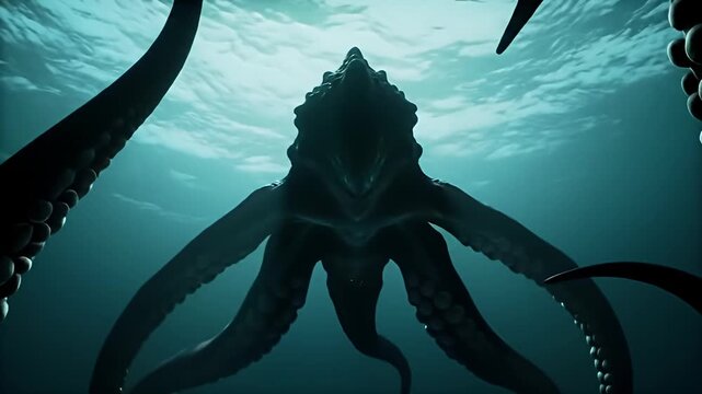 Menacing deep-sea creature rises from the depths with long tentacles and mysterious eyes