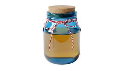 Gift - Glass jar filled with honey and sealed with a cork lid tied with red and white string, isolated on white background, perfect for packaging and food presentations