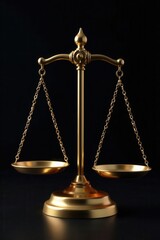 Golden scales of justice on black background Legal concept , fairness, golden