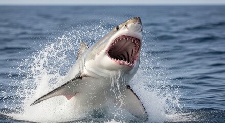 A great white shark leaping out of the water with its mouth wide open.