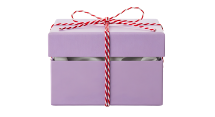 Gift - Purple gift box tied with red and white striped string on white background, perfect for birthdays or special occasions