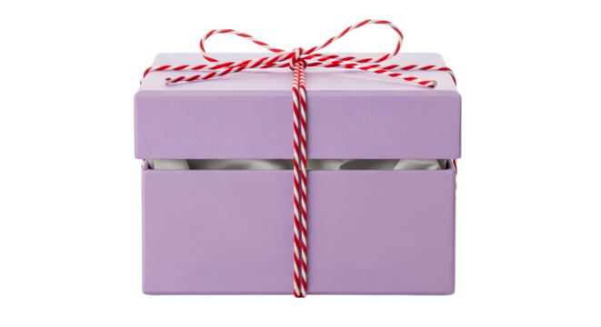 Gift - Purple gift box tied with red and white striped string on white background, perfect for birthdays or special occasions