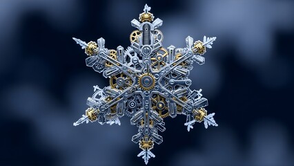 An intricate steampunk snowflake, a mechanical concept of winter made from silver and gold clockwork gears on a dark blue background.