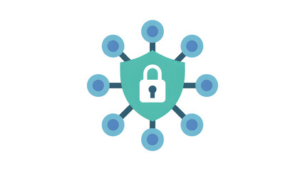 A network security illustration with a shield and padlock connected to blue nodes on a white background