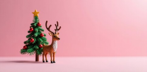 Fototapeta premium Miniature fir tree reindeer, red bauble antlers Pastel pink background , adorable, evergreen, festive decoration
