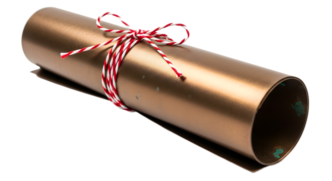 Gift - Gold party popper with red and white string bow isolated on white background, perfect for celebrations and festive events