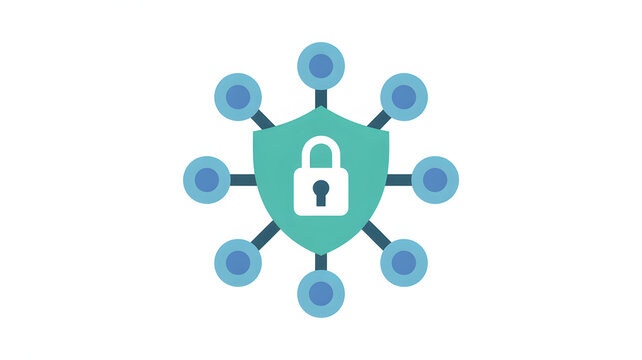 A network security illustration with a shield and padlock connected to blue nodes on a white background
