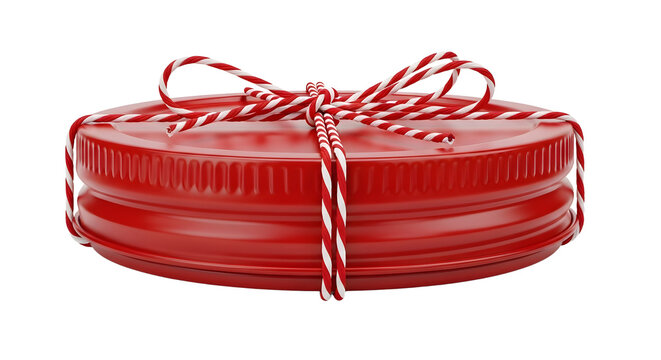 Gift - Red metal jar lid tied with red and white striped string isolated on white background, perfect for packaging and gift wrapping
