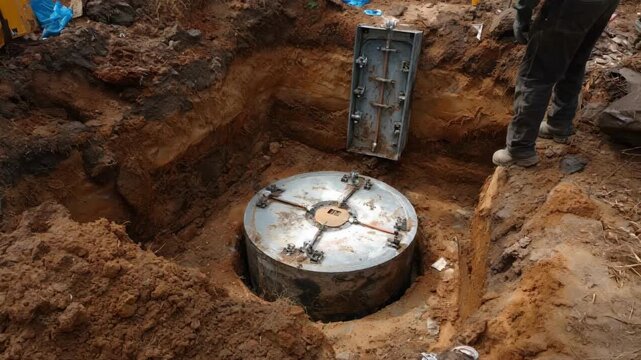 Medium shot of underground rainwater tank installation with visible access hatch and surrounding soil excavation work.