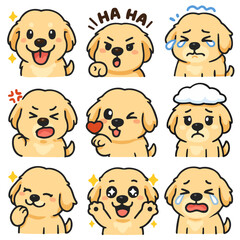 A set of cute anime dogs illustrations doing different activities with different expressions.Stickers or badges. Golden Retriever