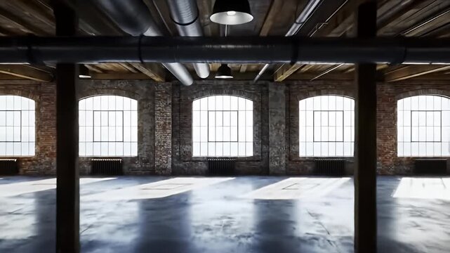 A spacious warehouse loft with polished floors, exposed brick, and large windows