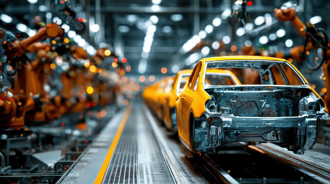 Automated car manufacturing assembly line with robotic arms painting and assembling bright yellow vehicle bodies inside modern industrial factory environment