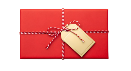 Gift - Red gift box wrapped with white and red string and beige tag on white background, perfect for holidays and special occasions