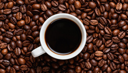 Top View of Black Coffee Cup on Roasted Coffee Beans Background
