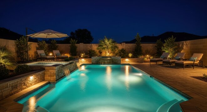 Backyard swimming pool and spa illuminated at night with lounge chairs and landscaping