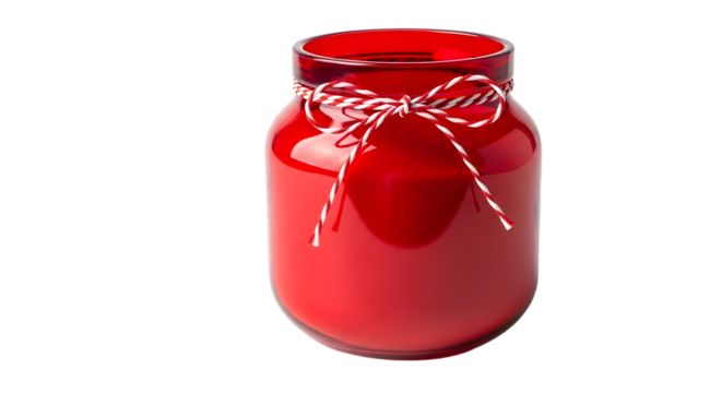 Gift - Red glass jar with twine tied around the neck holding a heart-shaped tag, isolated on white background, perfect for Valentine?s Day decorations