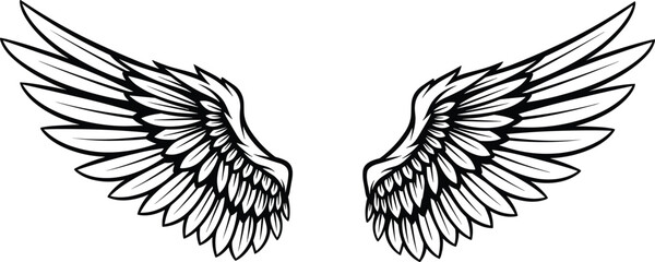 Stylized Detailed Pair of Black and White Vector Wings Illustration, Majestic Freedom Symbol Graphic, Angel or Bird Wings Design Element, Isolated Contour Outline Tattoo Art.