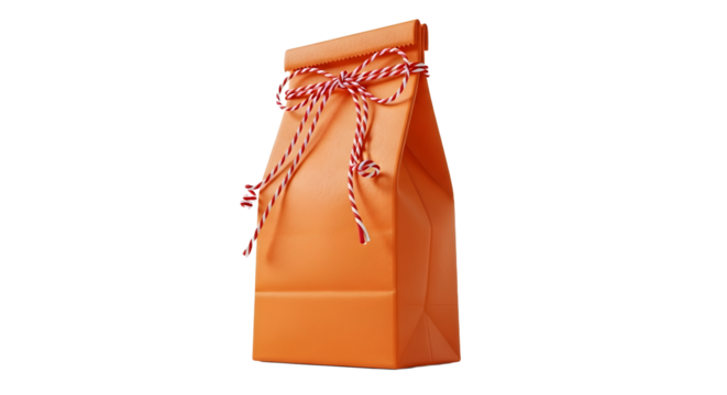 Gift - Orange paper gift bag with red and white string bow, isolated on white, perfect for party favors and gift packaging