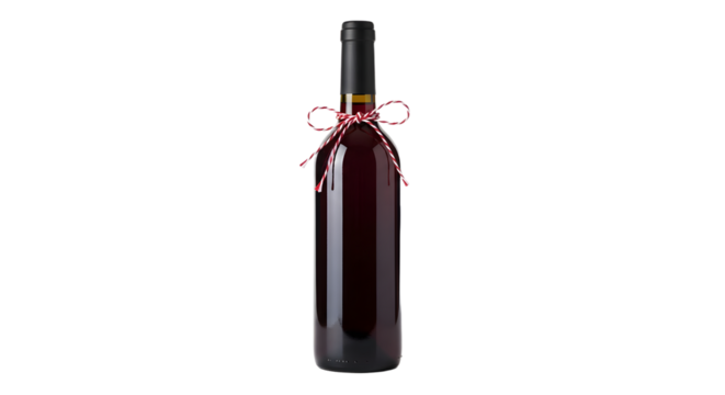 Gift - Red wine bottle with a decorative ribbon on white background, perfect for wine shops and holiday celebrations