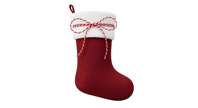 Gift - Red Christmas stocking with white cuff tied with red and white string, isolated on white background, perfect for holiday decorations
