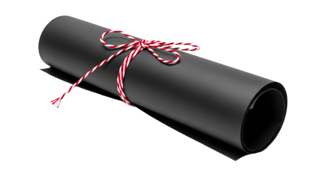 Gift - Rolled black diploma scroll tied with red and white striped string on white background, educational certificate concept, perfect for graduation announcements